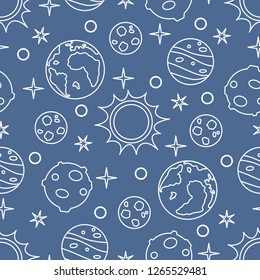 Seamless pattern with sun, planets, stars. Space exploration. Astronomy. Science