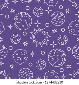 Seamless pattern with sun, planets, stars. Space exploration. Astronomy. Science