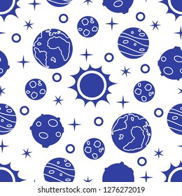 Seamless pattern with sun, planets, stars. Space exploration. Astronomy. Science