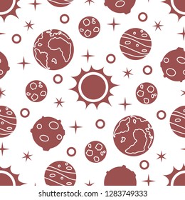 Seamless pattern with sun, planets, stars. Space exploration. Astronomy. Science