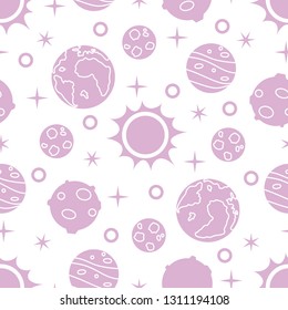 Seamless pattern with sun, planets, stars. Space exploration. Astronomy. Science