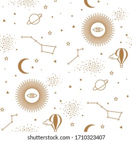 Seamless pattern with sun, planets, stars, constellations. Set of gold space elements on a sparkle white background in boho style. Astrological symbols. Texture for wallpaper, packagin and textile.