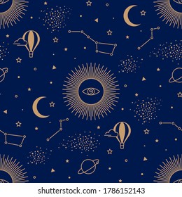 Seamless pattern with sun, planets, stars, constellations. Set of gold space elements on a sparkle dark background in boho style. Astrological symbols. Texture for wallpaper, packagin and textile.