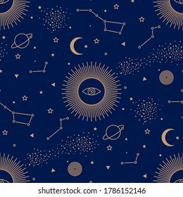 Seamless pattern with sun, planets, stars, constellations. Set of gold space elements on a sparkle dark background in linear style. Astrological symbols. Texture for wallpaper, packagin and textile.