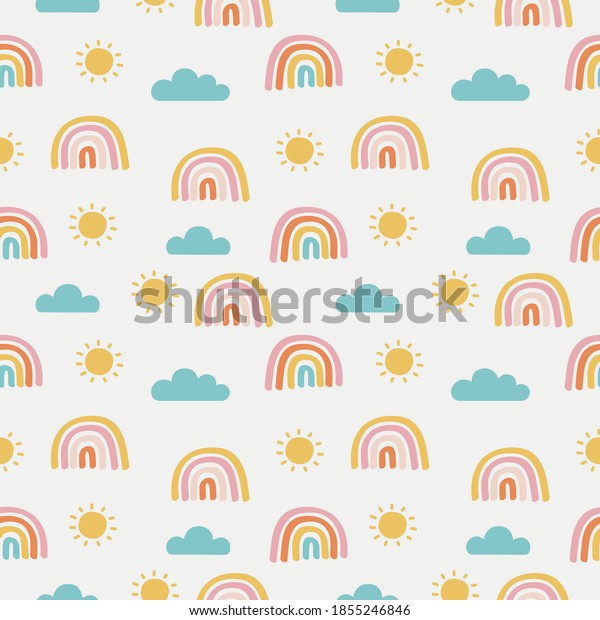 シームレスな模様の太陽 虹 雲 白い背景に川井の壁紙 赤ちゃんのかわいいパステルの色 おかしな顔の漫画 ベクターイラスト のベクター画像素材 ロイヤリティフリー