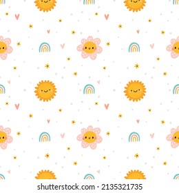 Seamless pattern with sun, rainbow, hearts and flowers. Cute summer childish print with hand drawn nature elements. Milestone peaceful background. Baby shower textile