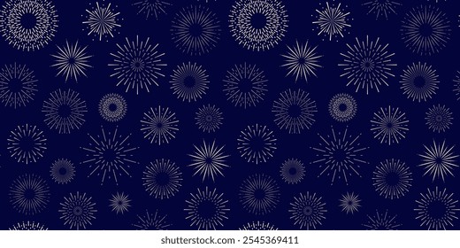 Padrão contínuo com raios de sol ou círculos de linha de fogo de artifício no fundo azul escuro. Plano de fundo de repetição geométrica.