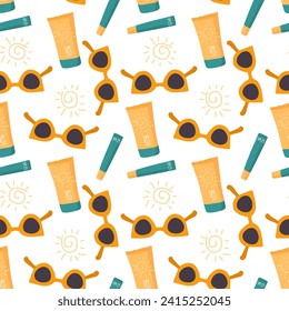 Seamless pattern with Sun safety. Essential for relaxing on beach for health. Sunscreen cosmetics, sunglasses. Product for Summer Protection set. Cartoon vector illustration. Sun safety collection