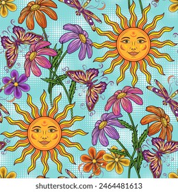 Seamless pattern with sun with smiling face, chamomile flower, flying butterflies, dragonfly. Colorful peaceful summer illustration. Groovy, boho, hippie style, kids design