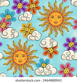 Seamless pattern with sun with smiling face, clouds, scattered little chamomile flowers. Happy flowers like cartoon emoji character. Groovy hippie retro boho style for T-shirts, kids design