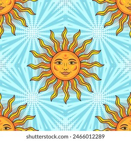 Seamless pattern with sun with smiling face, halftone shapes on retro blue background behind with rays, beams, stripes. Groovy, hippie style. Good for apparel, fabric, textile, kids design.