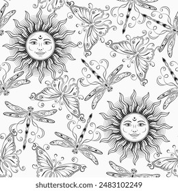 Seamless pattern with sun with smiling face, flying butterflies, dragonfly. Black and white peaceful summer illustration. Groovy, boho, hippie style, kids design