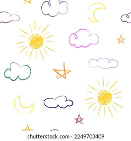 Seamless pattern sun stars clouds. Doodles are drawn by a child's hand with colored pencils. Simple drawings, lines on a white background