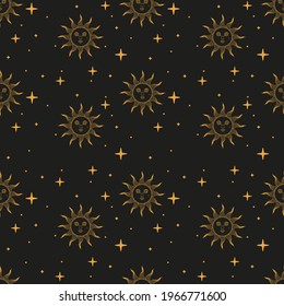 Seamless pattern with sun and stars in retro style. Vector illustration