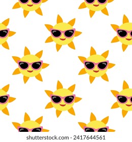 Sol patrón sin foco con gafas de sol y sonrisa. Fondo de verano de caricatura. Ilustración vectorial.