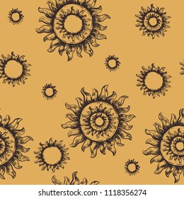 Seamless pattern sun. The symbol of the sun. Pagan sun vector illustration yellow background