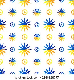 Seamless pattern with sun and symbol of peace and disarmament in blue and yellow colors of the Ukrainian flag on a white background.