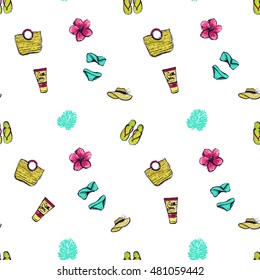 Seamless pattern with sun tanning lotion, straw beach bag, lady straw hat, blue bikini swimsuit, pink tropic flower, palm leaf, summer flip-flop. Vacation symbols in decorative hand drawn sketch style