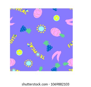 Seamless pattern with sun and tropical fruits.