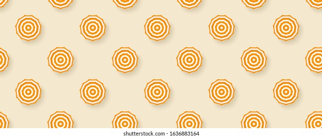 Seamless pattern with sun umbrellas isolated on long yellow background. Sun umbrellas with color pattern on summer sand. Template for fabric, wrapper, banners, creativity. Vector 3d illustration