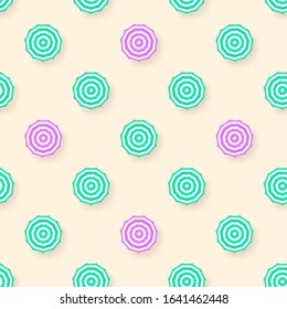 Seamless pattern with sun umbrellas isolated on yellow background. Sun umbrellas with green and pink pattern on summer sand. Template for fabric, wrapper, banners. Vector 3d illustration