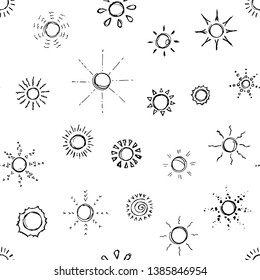 Seamless pattern of sun. Vector cartoon background. Hand-drawn style.