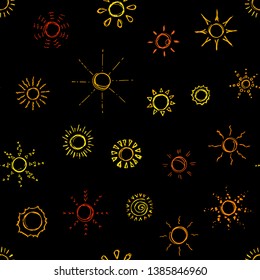 Seamless pattern of sun. Vector cartoon background. Hand-drawn style.
