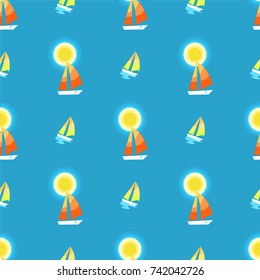 Seamless pattern with sun, yacht or sailing ship vector illustration on blue background. Endless texture with sea type of transport