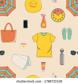 Seamless pattern of sunbathing beach essentials. Skin protection and sun safety. Summer time and vacation. Hand drawn vector illustration.