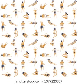 Seamless pattern with sunbathing  people on white background. Flat vector illustration. Summer holiday in the resort, lying girls and boys.