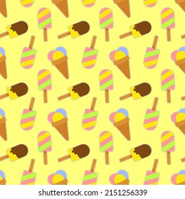 Seamless Pattern With Sundae Ice Cream And Popsicle Drawing In Flat Style