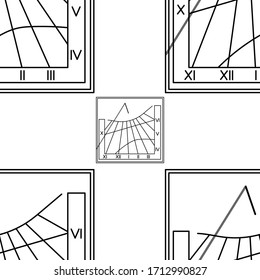 Seamless pattern - sundial icon. Sun clock. Outline of antique sundial. Hand drawn stock vector illustration isolated on white background.  Design for fabric, textile and ets.