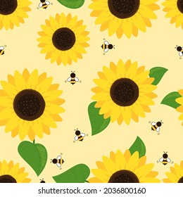 Seamless pattern with sunflower and bee cartoons on yellow background vector illustration. Cute floral print.
