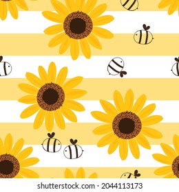 patrón sin fisuras con dibujos animados de girasol y abeja sobre ilustración vectorial de fondo de banda amarilla blanca.