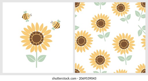 Seamless pattern with sunflower and bee cartoons on white background vector illustration.