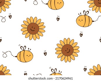 Seamless pattern with sunflower, bee cartoons and hand drawn hearts on white background vector illustration. Cute childish print. 