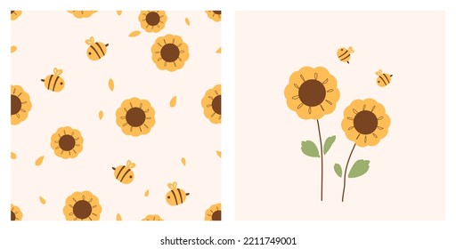 Seamless pattern with sunflower, bee cartoons and flying petals on orange background. Sunflower and bee vector illustration. 