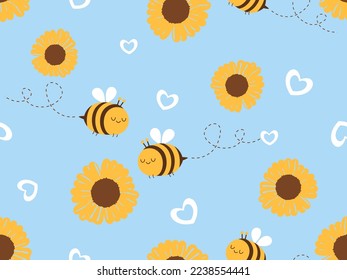 Patrón sin foco con girasol, dibujos animados de abejas y corazones dibujados a mano en la ilustración vectorial de fondo azul. Huella infantil.