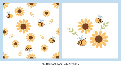 Seamless pattern with sunflower and bee cartoons on white background vector illustration. 