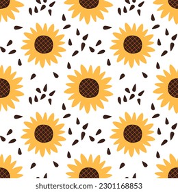Seamless pattern with sunflower and black seeds. Beautiful ornament for fashion fabric or other printable covers. sun flower on white background. Vector illustration