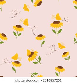 Seamless pattern with sunflower and butterfly cartoons on pink background vector.