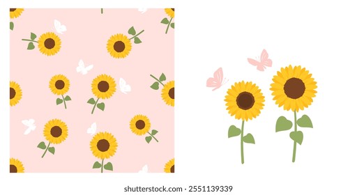 Seamless pattern with sunflower and butterfly cartoons on pink background. Sunflower and butterfly icon set isolated on white background vector.