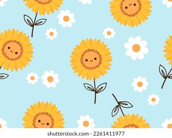 Nahtloses Muster mit Sonnenblumenkarikaturen und blühender Blume auf blauem Hintergrund, Vektorgrafik. Kindischer Druck.