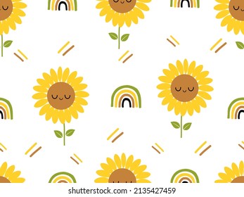 Patrón sin foco con dibujos de girasol y arcos dibujados a mano en la ilustración vectorial de fondo blanco. Cuidada decoración de paredes de vivero.