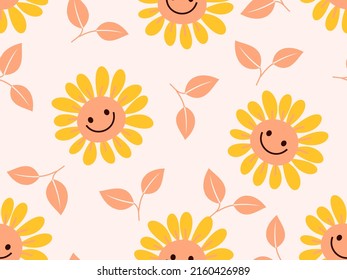 Seamless pattern with sunflower cartoons and leaves orange background vector illustration. Cute childish print.