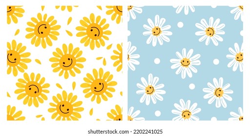 Seamless pattern with sunflower cartoons on white background. Seamless pattern with daisy flower  and dot on blue background vector illustration.