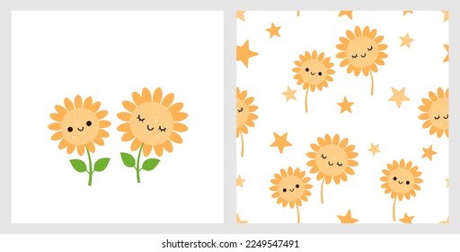 Seamless pattern with sunflower cartoons and orange stars on white background. Cute sunflower isolated on white background vector illustration.