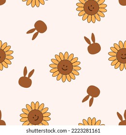 Seamless pattern with sunflower cartoons and rabbits on pastel background vector illustration. 