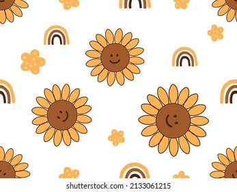 Seamless pattern with sunflower cartoons and rainbows on white background vector illustration.