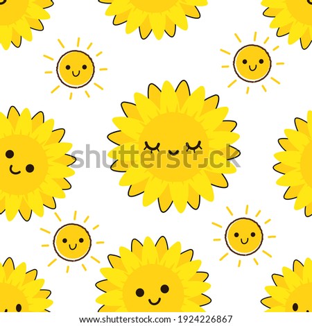 Seamless pattern with sunflower cartoons and suns on white background vector illustration.